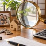 家の模型と鍵、日本人家族の写真を大きな虫眼鏡と電卓で調べる、相続と資産課税を表す写真