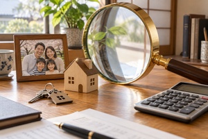 家の模型と鍵、日本人家族の写真を大きな虫眼鏡と電卓で調べる、相続と資産課税を表す写真