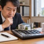 日本人の経営者が巨大な電卓の上にある小さな工場模型を検討する、法人課税と設備投資を表す写真
