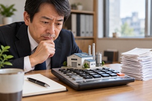 日本人の経営者が巨大な電卓の上にある小さな工場模型を検討する、法人課税と設備投資を表す写真
