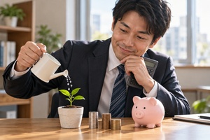 日本人の会社員が硬貨と貯金箱のそばの小さな植物に水をやる、貯蓄と金融税制を表す写真