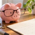 眼鏡を掛けた豚の貯金箱がカレンダーを調べる、金融税制の歴史をイメージした写真