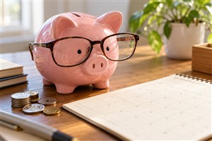 眼鏡を掛けた豚の貯金箱がカレンダーを調べる、金融税制の歴史をイメージした写真