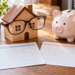 大きな眼鏡を掛けた木製の家と豚の貯金箱が、二つのカレンダーを比較する税制の歴史のイメージ