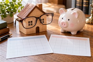 大きな眼鏡を掛けた木製の家と豚の貯金箱が、二つのカレンダーを比較する税制の歴史のイメージ