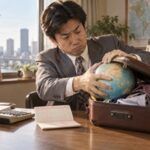 地球儀をスーツケースに入れようとする日本人会社員