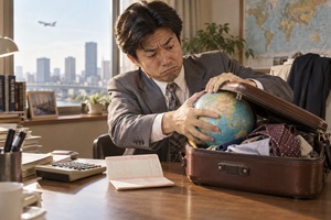 地球儀をスーツケースに入れようとする日本人会社員
