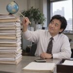 日本人の会計担当者が書類の山に乗った地球儀を箸で慎重に支える、海外子会社と資本のバランスを表す写真