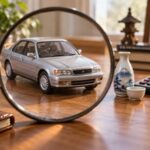 虫眼鏡の中の小さな自動車と徳利を電卓で調べる、平成4年度の自動車と酒税の改正を表す写真