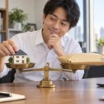 日本人の会社員が天秤に家の模型と封筒を載せて考える、所得税と控除のバランスを表す写真