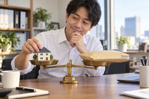 日本人の会社員が天秤に家の模型と封筒を載せて考える、所得税と控除のバランスを表す写真