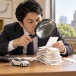 日本人の会計担当者が大きな虫眼鏡で領収書の山を調べる、消費課税や納税手続を表す写真