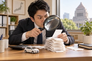 日本人の会計担当者が大きな虫眼鏡で領収書の山を調べる、消費課税や納税手続を表す写真